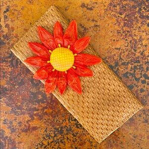 Handmade Envelope Clutch with Orange Sunflower Accent l, Water Resistant, 6”x13”